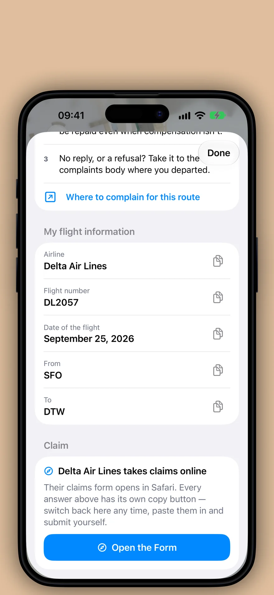 The claim form in AirwayControl on iPhone, filled in for Delta Air Lines DL2057 from SFO to DTW, with a copy button beside each answer and an Open the Form button.